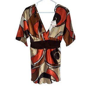 Y2K NWT VTG Rosegeranium V Neck Babydoll Top Sz XL Orange Brown Mod Fairy Satin